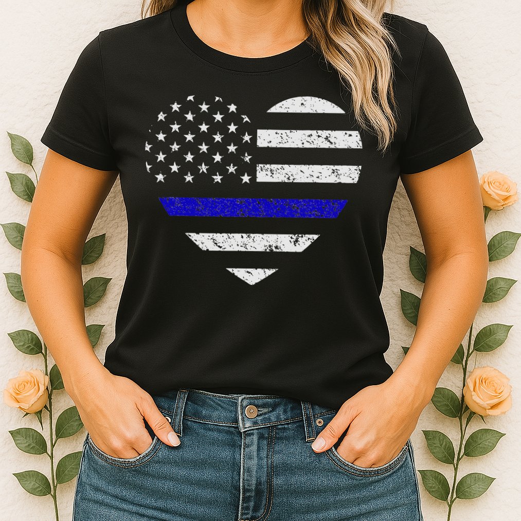 Thin Blue Line American Flag Heart Police Womens T-Shirt