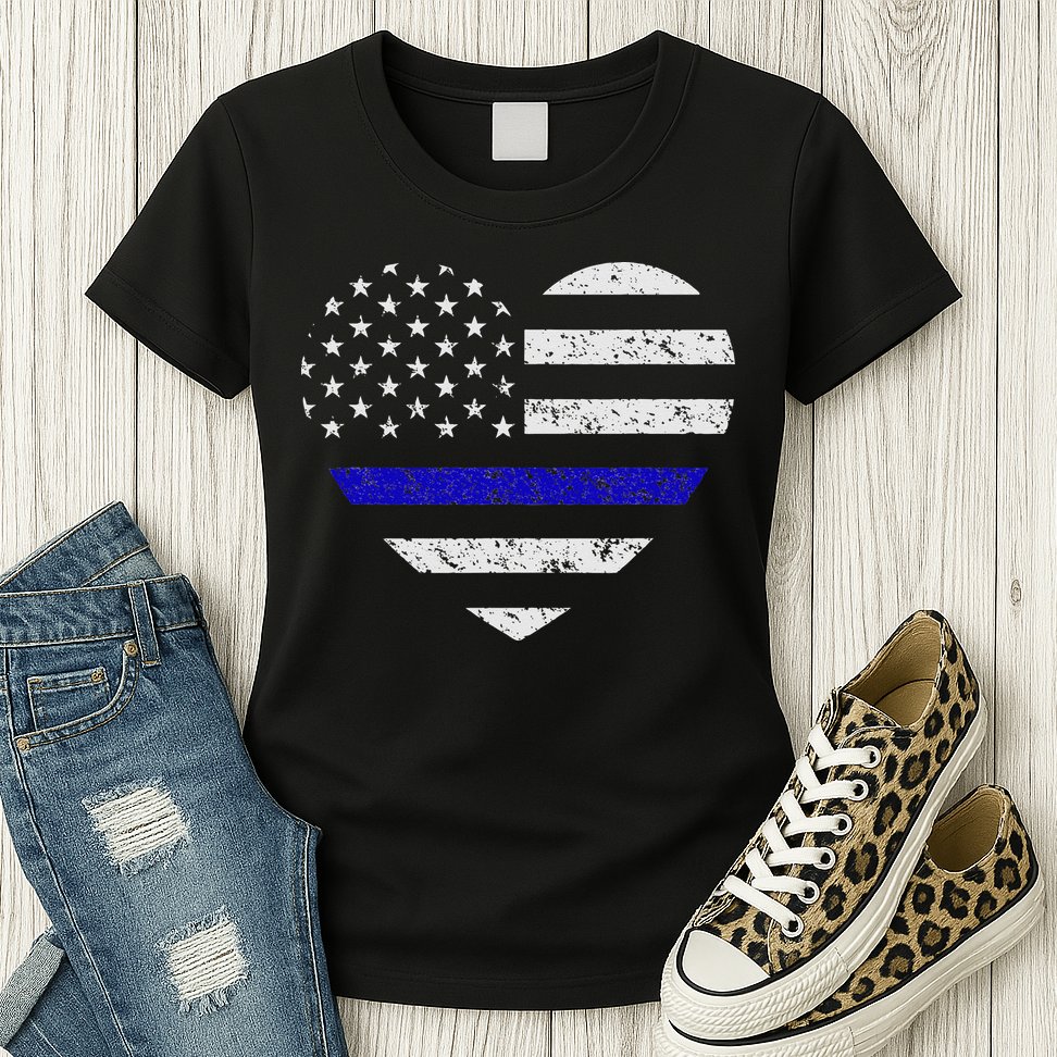 Thin Blue Line American Flag Heart Police Womens T-Shirt