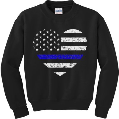 Thin Blue Line American Flag Heart Police Kids Sweatshirt