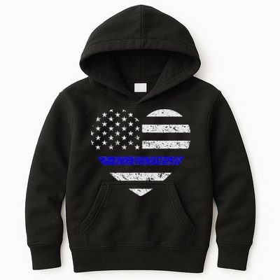 Thin Blue Line American Flag Heart Police Kids Hoodie