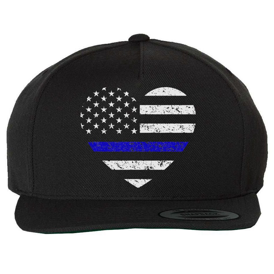 Thin Blue Line American Flag Heart Police Wool Snapback Cap