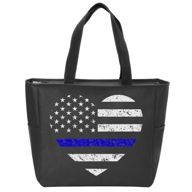 Thin Blue Line American Flag Heart Police Zip Tote Bag