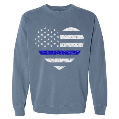 Thin Blue Line American Flag Heart Police Garment-Dyed Sweatshirt