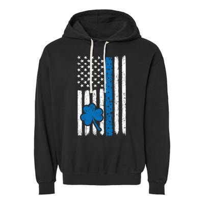 Thin Blue Line St Patrick's Day Gift Police Cop Usa Flag Cool Gift Garment-Dyed Fleece Hoodie