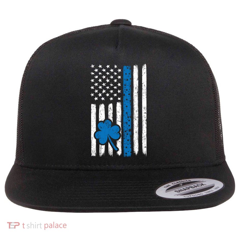 Thin Blue Line St Patrick's Day Gift Police Cop Usa Flag Cool Gift Flatbill Hat