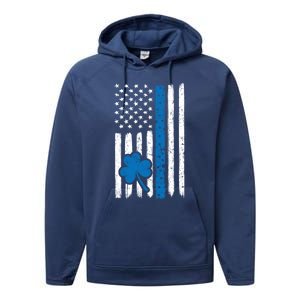 Thin Blue Line St Patrick's Day Gift Police Cop Usa Flag Cool Gift Performance Fleece Hoodie