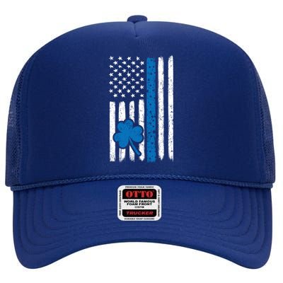 Thin Blue Line St Patrick's Day Gift Police Cop Usa Flag Cool Gift High Crown Mesh Back Trucker Hat