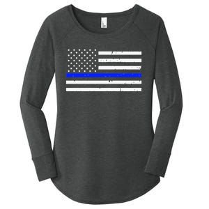 Thin Blue Line American Flag Police Hoodie Women's Perfect Tri Tunic Long Sleeve Shirt