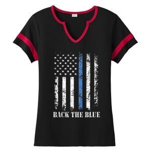 Thin Blue Line Back The Blue American Flag Police Support Ladies Halftime Notch Neck Tee