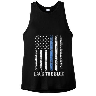 Thin Blue Line Back The Blue American Flag Police Support Ladies PosiCharge Tri-Blend Wicking Tank