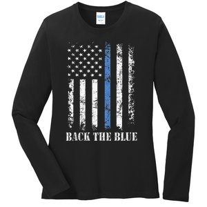 Thin Blue Line Back The Blue American Flag Police Support Ladies Long Sleeve Shirt