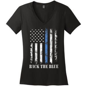 Thin Blue Line Back The Blue American Flag Police Support Women's V-Neck T-Shirt