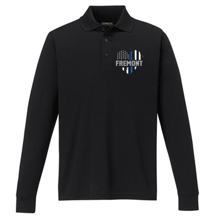 Thin Blue Line Heart Fremont CA Police Officer Patriotic Performance Long Sleeve Polo