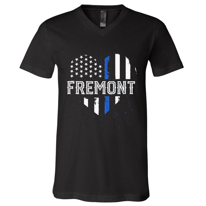 Thin Blue Line Heart Fremont CA Police Officer Patriotic V-Neck T-Shirt