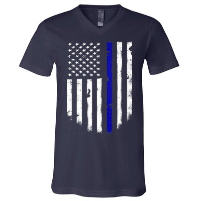 Thin Blue Line American Flag Shirt Cool Police Support Tee V-Neck T-Shirt