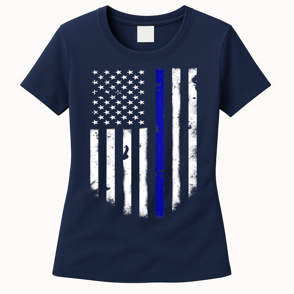 Thin Blue Line American Flag Shirt Cool Police Support Tee Womens T-Shirt