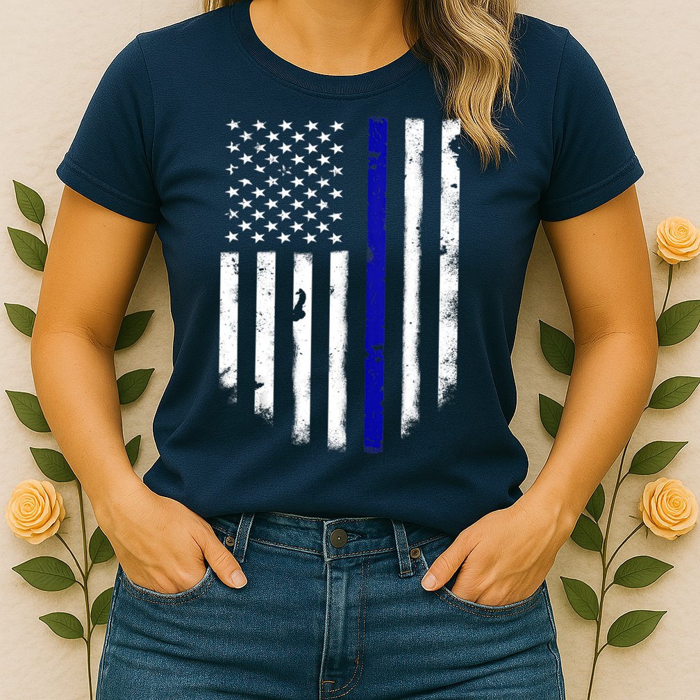 Thin Blue Line American Flag Shirt Cool Police Support Tee Womens T-Shirt