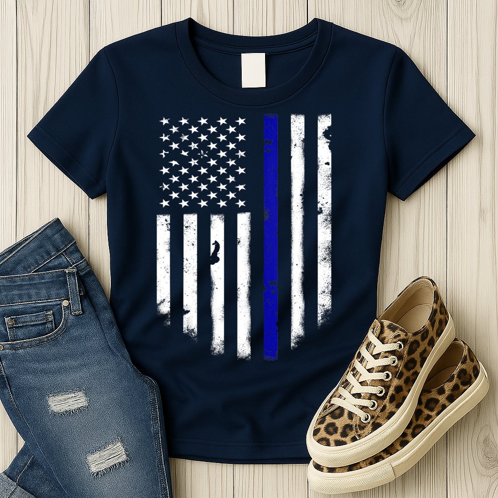 Thin Blue Line American Flag Shirt Cool Police Support Tee Womens T-Shirt