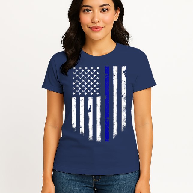 Thin Blue Line American Flag Shirt Cool Police Support Tee Womens T-Shirt