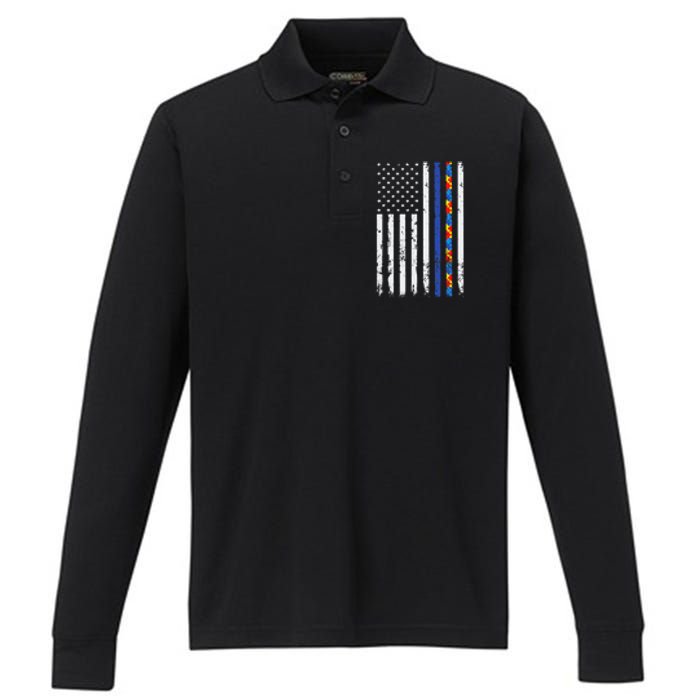 Thin Blue Line Police Support Autism 4th July Mom Dad Flag Performance Long Sleeve Polo