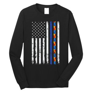 Thin Blue Line Police Support Autism 4th July Mom Dad Flag Long Sleeve Shirt