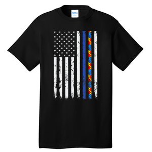 Thin Blue Line Police Support Autism 4th July Mom Dad Flag Tall T-Shirt