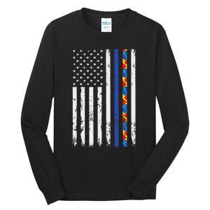 Thin Blue Line Police Support Autism 4th July Mom Dad Flag Tall Long Sleeve T-Shirt