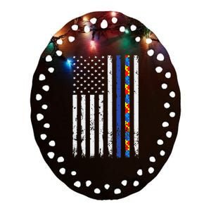 Thin Blue Line Police Support Autism 4th July Mom Dad Flag Ceramic Oval Ornament