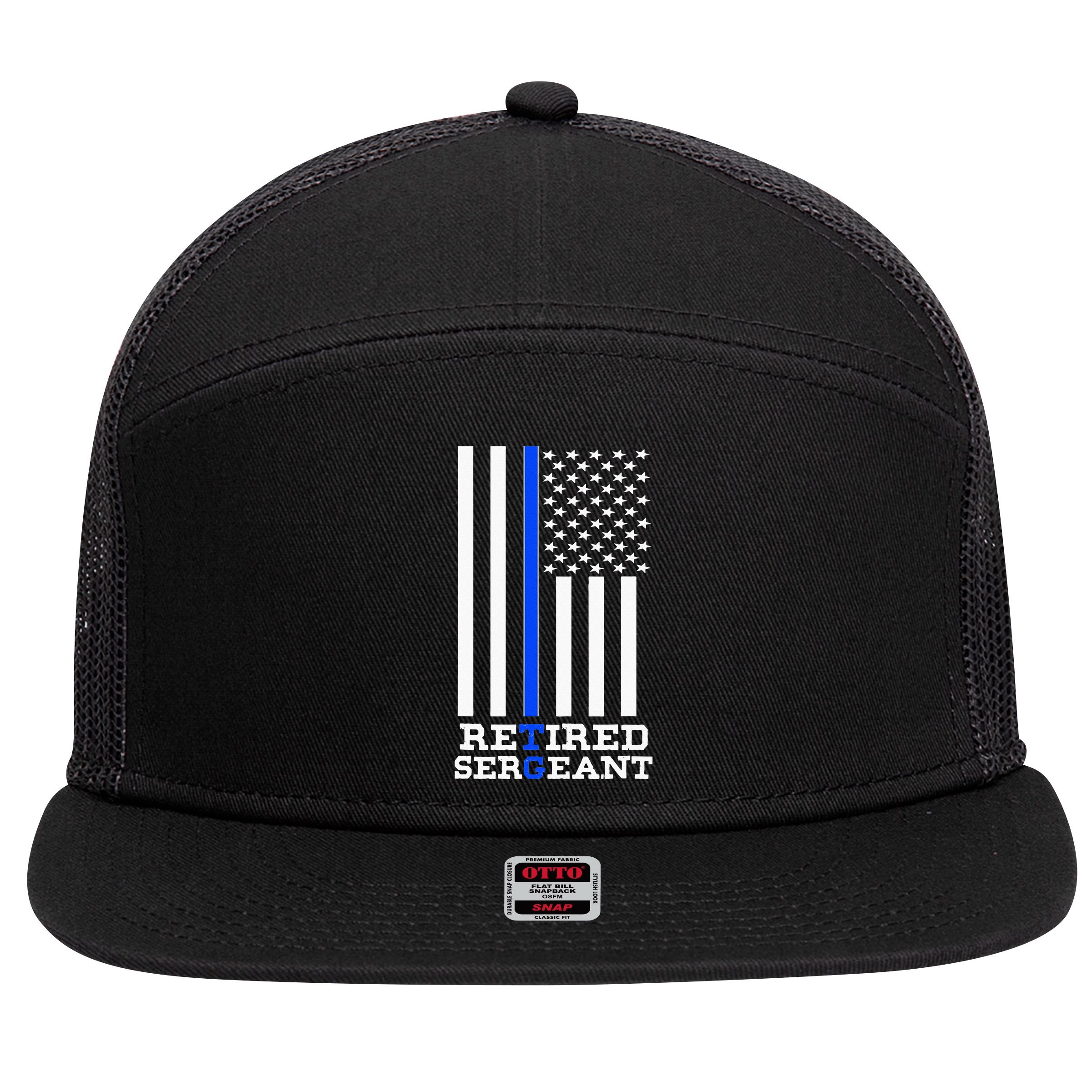 Thin Blue Line Retired Police Sergean Retirement Gift 7 Panel Mesh Trucker Snapback Hat