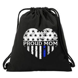 Thin Blue Line Heart Proud Police Mom Pro Law Enforcement Drawstring Bag