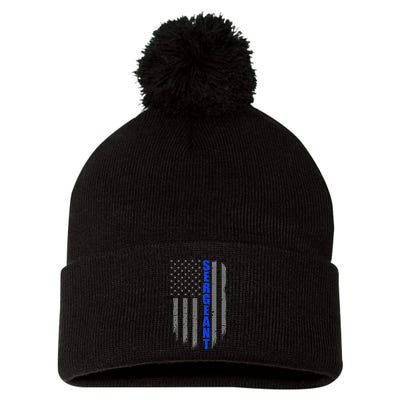 Thin Blue Line Flag For Police Sergeant Pom Pom 12in Knit Beanie