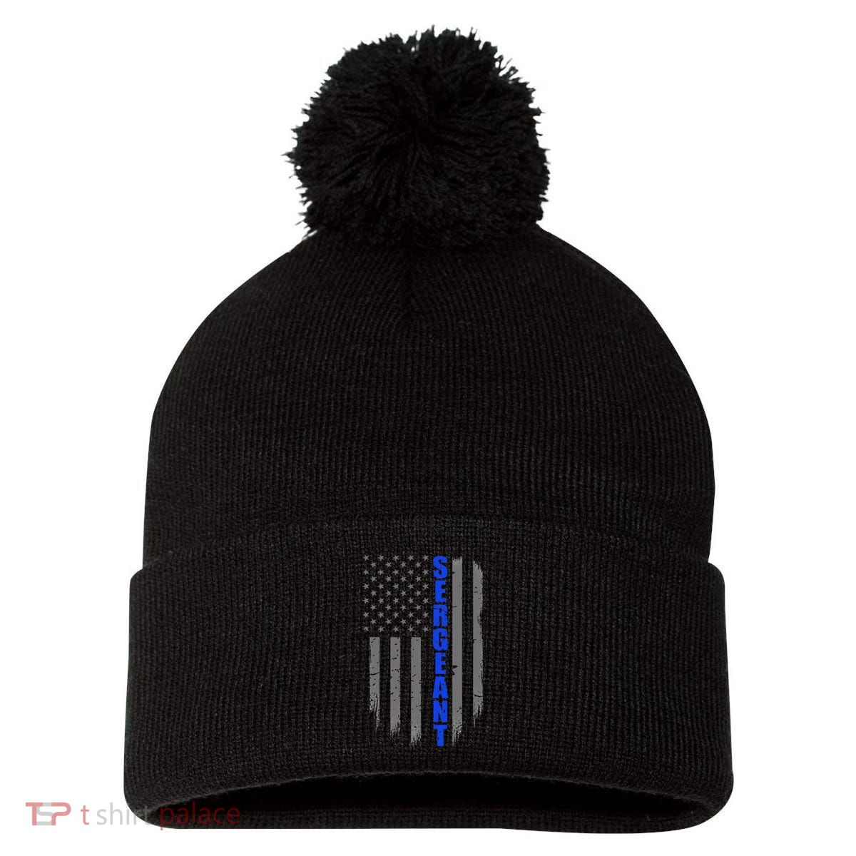 Thin Blue Line Flag For Police Sergeant Pom Pom 12in Knit Beanie