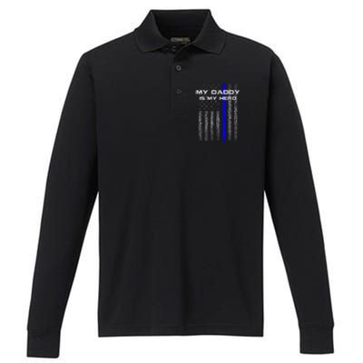 Thine Blue Line Flag My Daddy My Hero Police Son or Daughter Performance Long Sleeve Polo