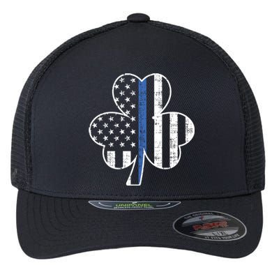 Thin Blue Line Shamrock Cool Gift St Patricks Day Police Gift Flexfit Unipanel Trucker Cap