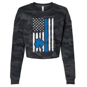 Thin Blue Line St Patrick's Day Gift Police Cop Usa Flag Cool Gift Cropped Pullover Crew