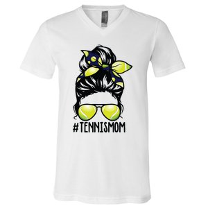 Tennis Ball Mom Tennis Player Bandana Mom Messy Bun Hair V-Neck T-Shirt