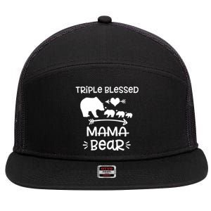 Triple Blessed Mama Bear Funny Gift Moms With Three Gift 7 Panel Mesh Trucker Snapback Hat