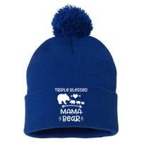 Triple Blessed Mama Bear Funny Gift Moms With Three Gift Pom Pom 12in Knit Beanie