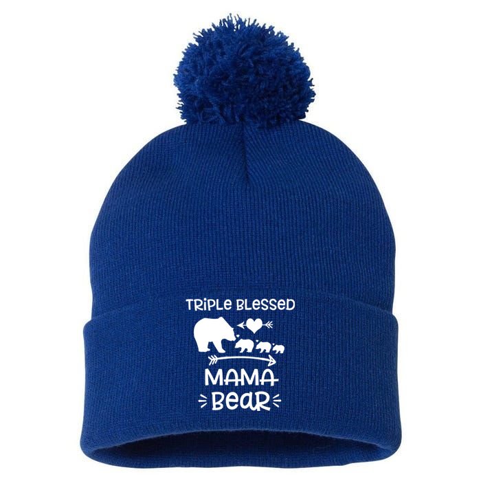 Triple Blessed Mama Bear Funny Gift Moms With Three Gift Pom Pom 12in Knit Beanie