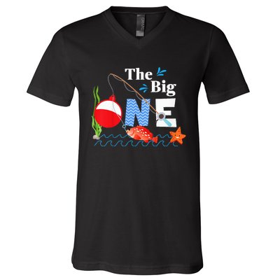 The Big One Year 1st First Birthday Little Fisherman  V-Neck T-Shirt