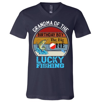 The Big One Birthday Theme Fishing Grandma Of Birthday V-Neck T-Shirt