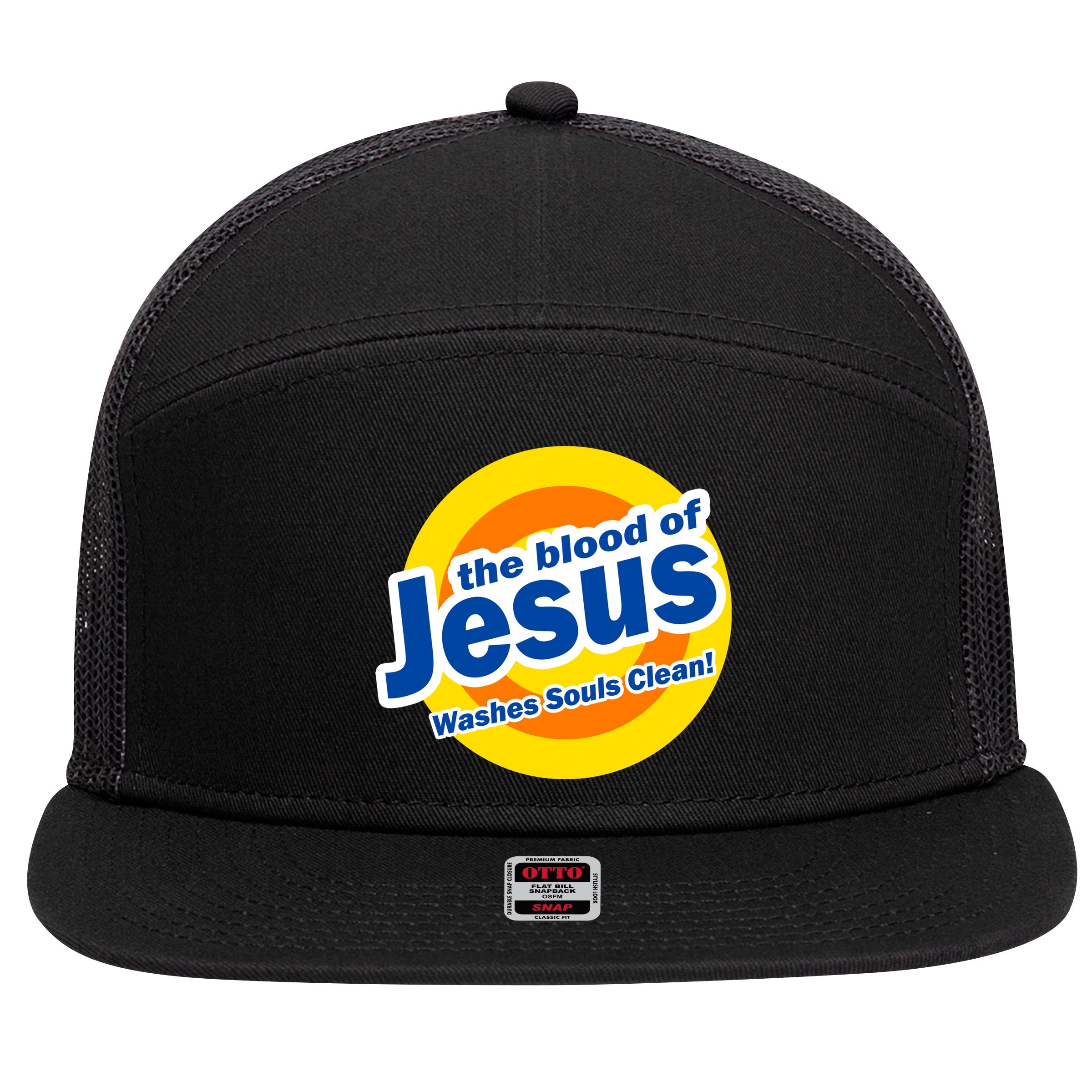 The Blood Of Jesus Washes Souls Clean 7 Panel Mesh Trucker Snapback Hat