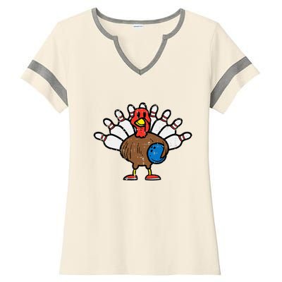 Turkey Bowling Pins Funny Thanksgiving Sports Ladies Halftime Notch Neck Tee