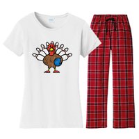 Turkey Bowling Pins Funny Thanksgiving Sports Women's Flannel Pajama Set