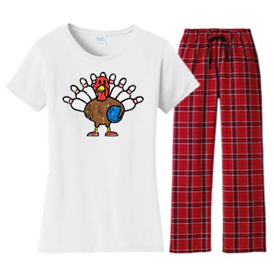 Turkey Bowling Pins Funny Thanksgiving Sports Women's Flannel Pajama Set