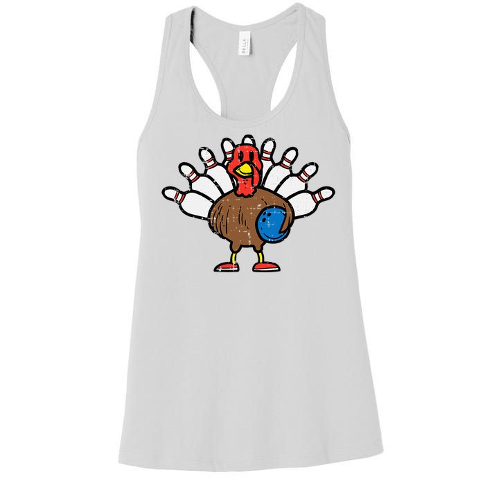 Turkey Bowling Pins Funny Thanksgiving Sports Women's Racerback Tank