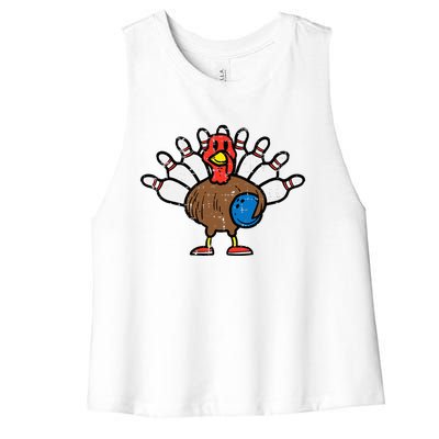 Turkey Bowling Pins Funny Thanksgiving Sports Women's Racerback Cropped Tank