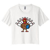 Turkey Bowling Pins Funny Thanksgiving Sports Women's Crop Top Tee