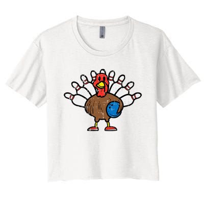 Turkey Bowling Pins Funny Thanksgiving Sports Women's Crop Top Tee