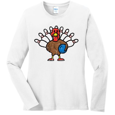 Turkey Bowling Pins Funny Thanksgiving Sports Ladies Long Sleeve Shirt